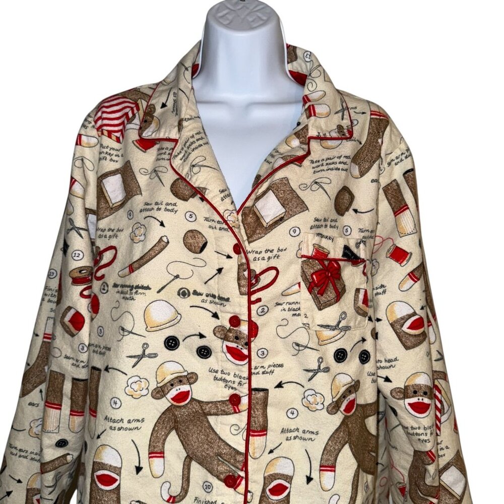 Nick & Nora Flannel Sock Monkey Pajama Top Womens XXL Plus Size Soft Sewing - Picture 2 of 9